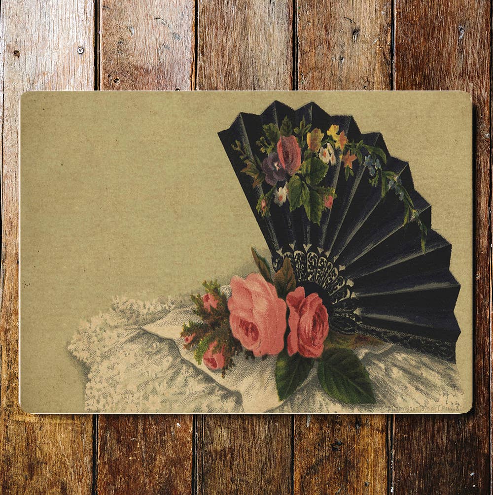 Pink Roses Spanish Fan Lace Metal Sign Plaque