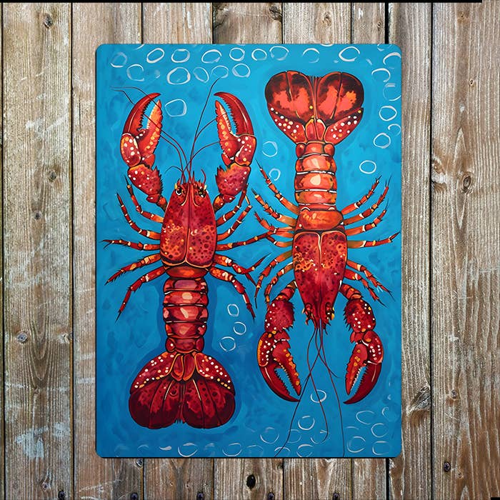 Vibrant Lobsters Blue Red Sea Nautical | Metal Sign Plaque