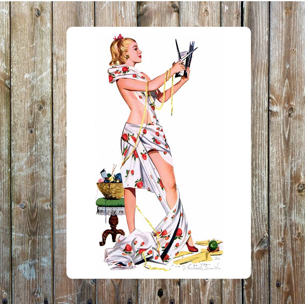 Pin up sewing vintage art Metal Wall Sign