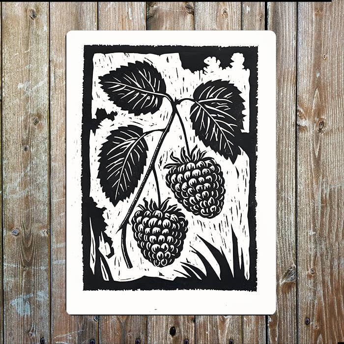 Raspberries Blackberries Linocut Style Metal Sign Plaque