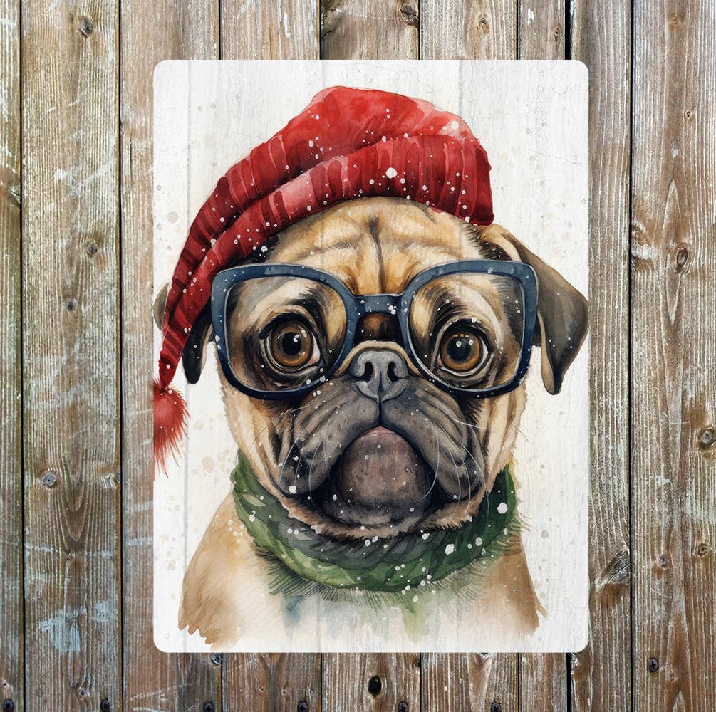 Christmas Pug in glasses Santa Hat | Metal Sign Plaque