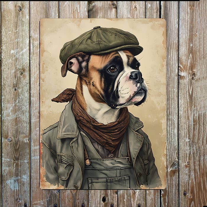 Vintage Illustration Boxer Dog Clothes | Metal Sign Plaque