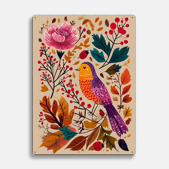 Illustration Floral Bird scandinavian folk | Metal Sign Plaque