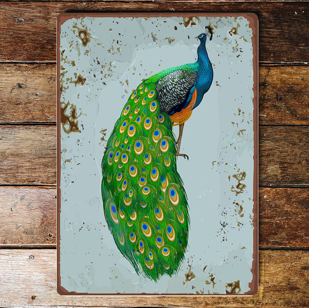 Peacock Blue Background Metal Wall Sign Plaque