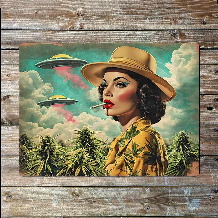 Vintage Woman Smoking Near Cannabis UFO | Metal Sign Plaque