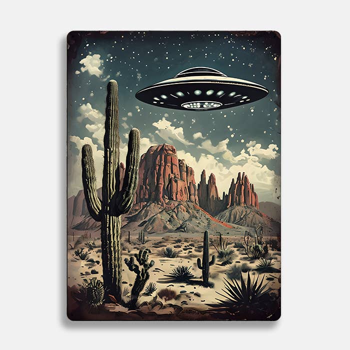 Vintage Desert Scene Cactus UFO Alien | Metal Sign Plaque
