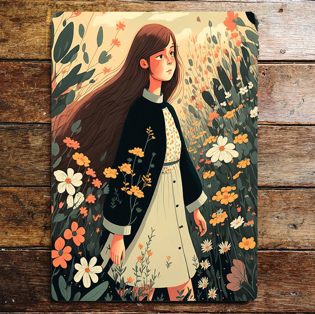 Girl Flower Fields Long Hair Sunny Days | Metal Sign Plaque
