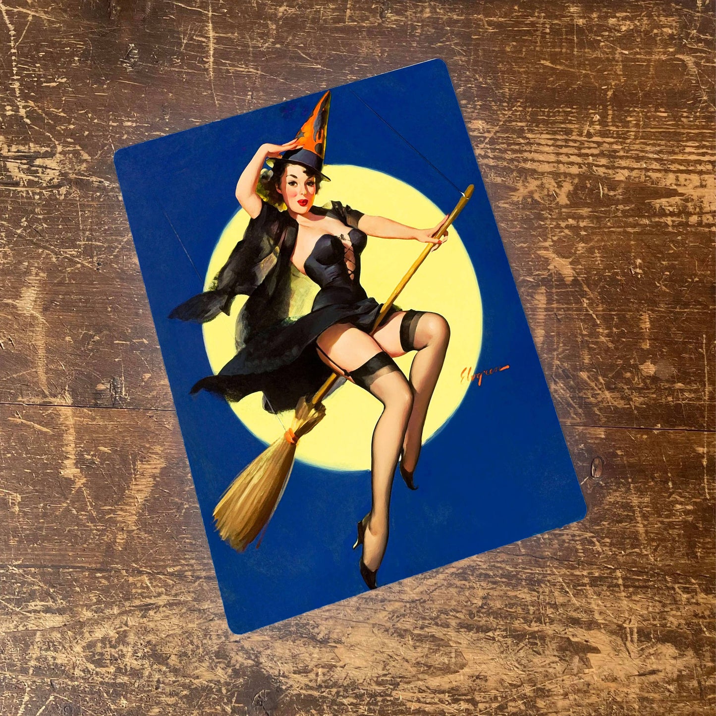 Pinup Girl Witch Broom Moon Metal Humour Wall Sign