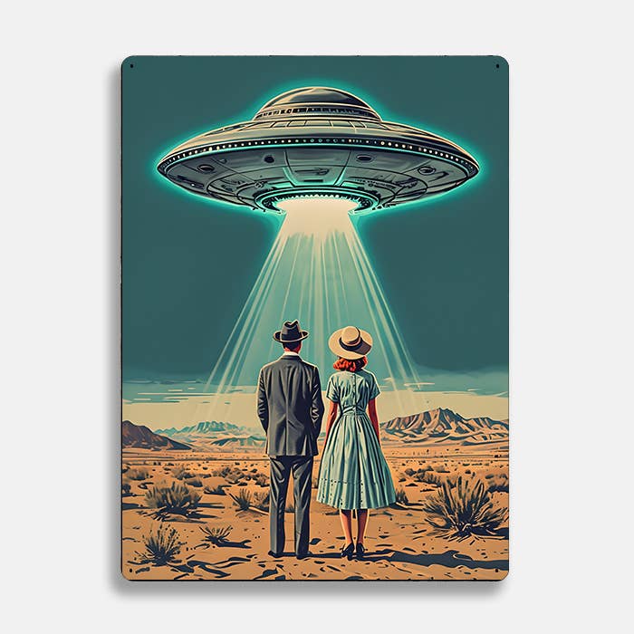 Vintage Man and Woman Gazing at UFO Alien | Metal Sign Plaque