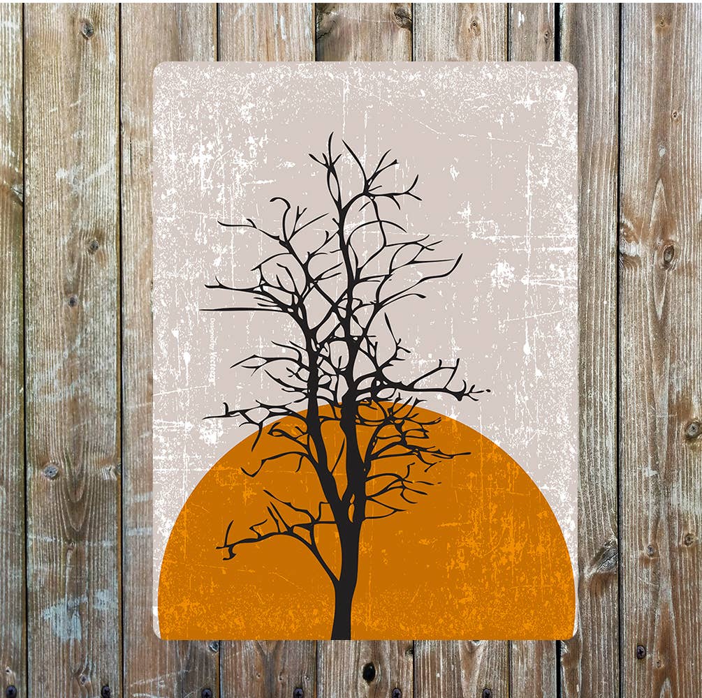 Winter bare tree sun set art | Metal Wall Sign