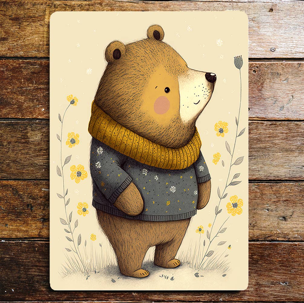Cute Bear Blue Jumper Scarf Flowers | Metal Sign Plaque