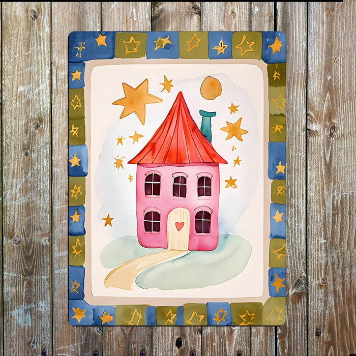 Watercolor Illustration Of A Pink House | Metal Sign Plaque