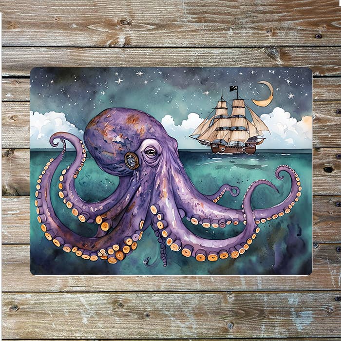 Octopus Below Pirate Ship Sea Nautical | Metal Sign Plaque