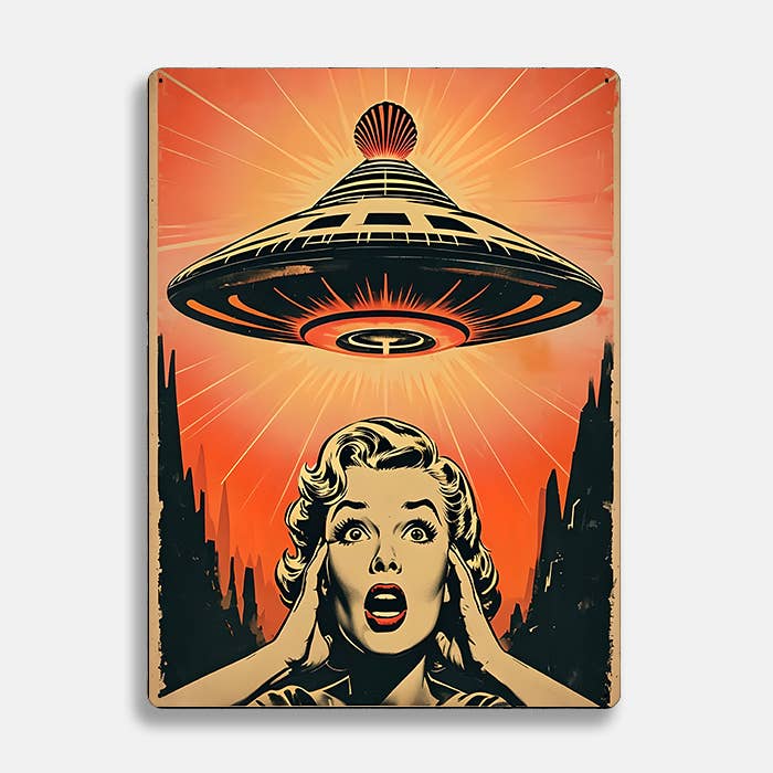 Vintage SciFi Shocked Woman And UFO Alien | Metal Sign Plaque