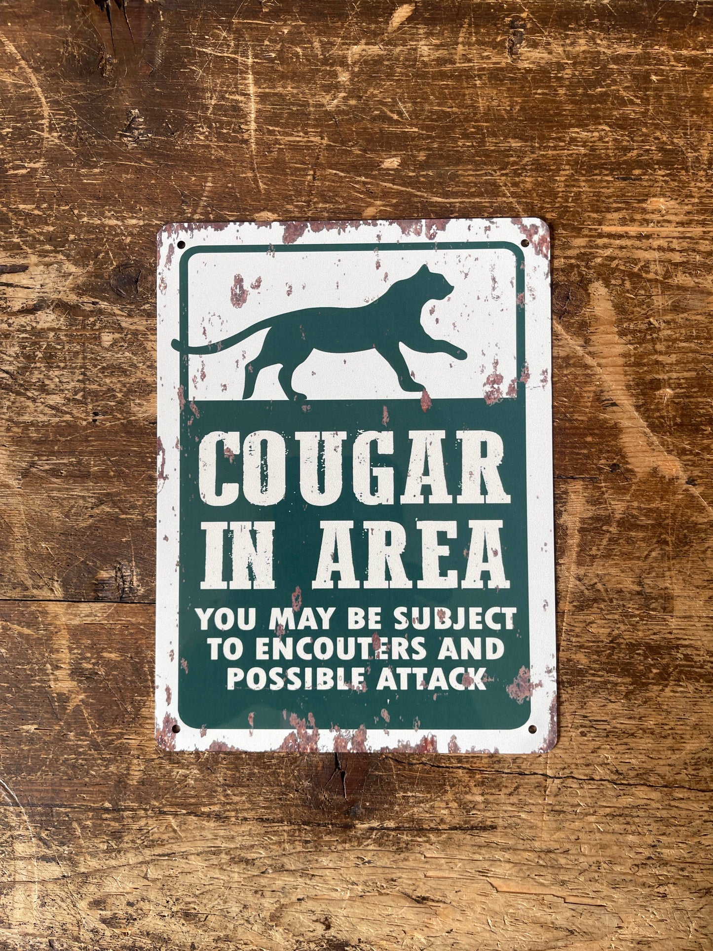 Cougar In Area Park Warning | Metal Sign Plaque