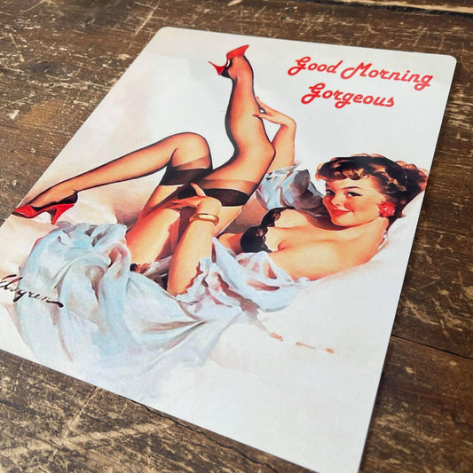 Pinup Girl Good Morning Gorgeous Bed Metal Pin Up Wall Sign