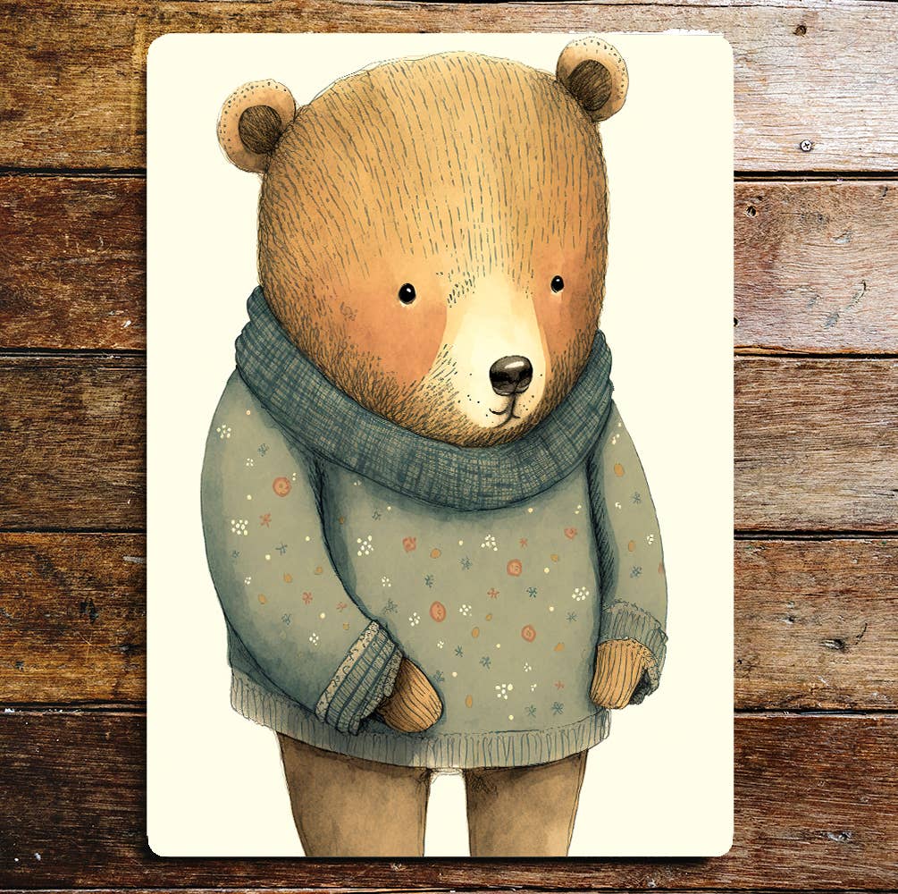 Cute Bear Green Patterned Jumper | Metal Sign Plaque