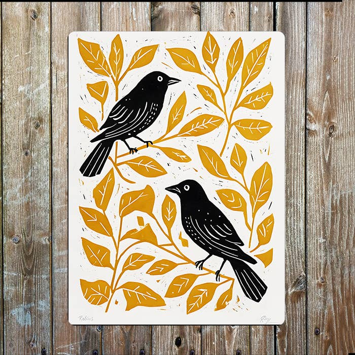 Birds And Mustard Leaves Linocut Style | Metal Sign Plaque