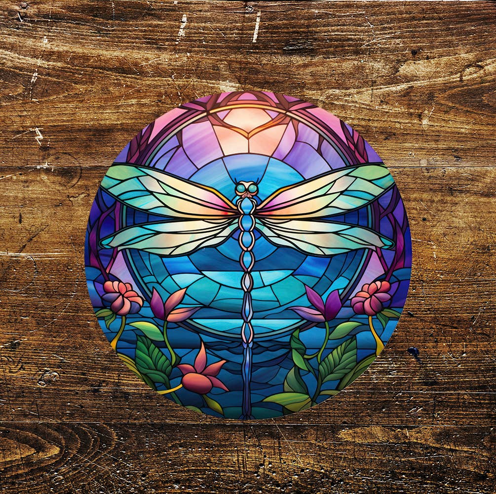 Dragonfly Green Blue Stained Glass affect Circle Metal Sign