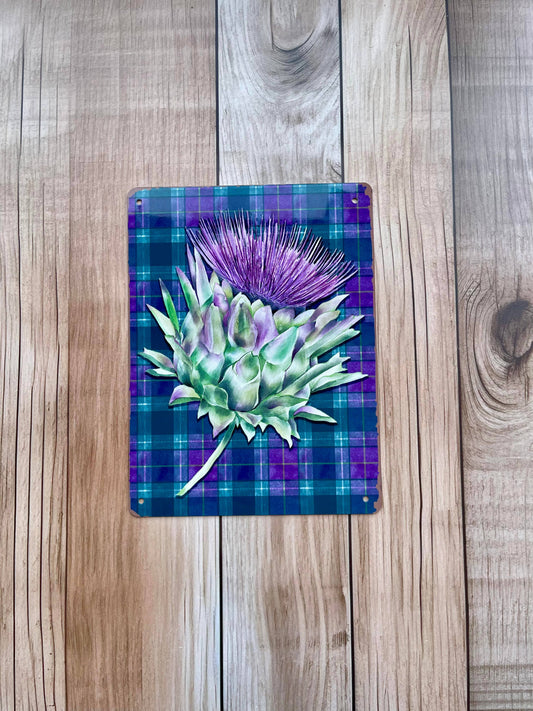 Scotland Thistle Purple Tartan Art Metal Sign Plaque