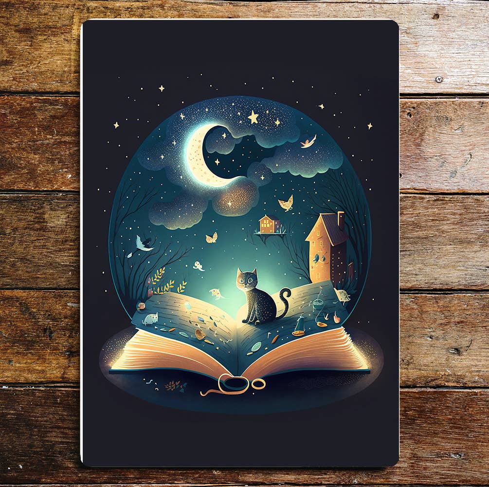 Cat on Book Night Sky Moon | Metal Wall Sign