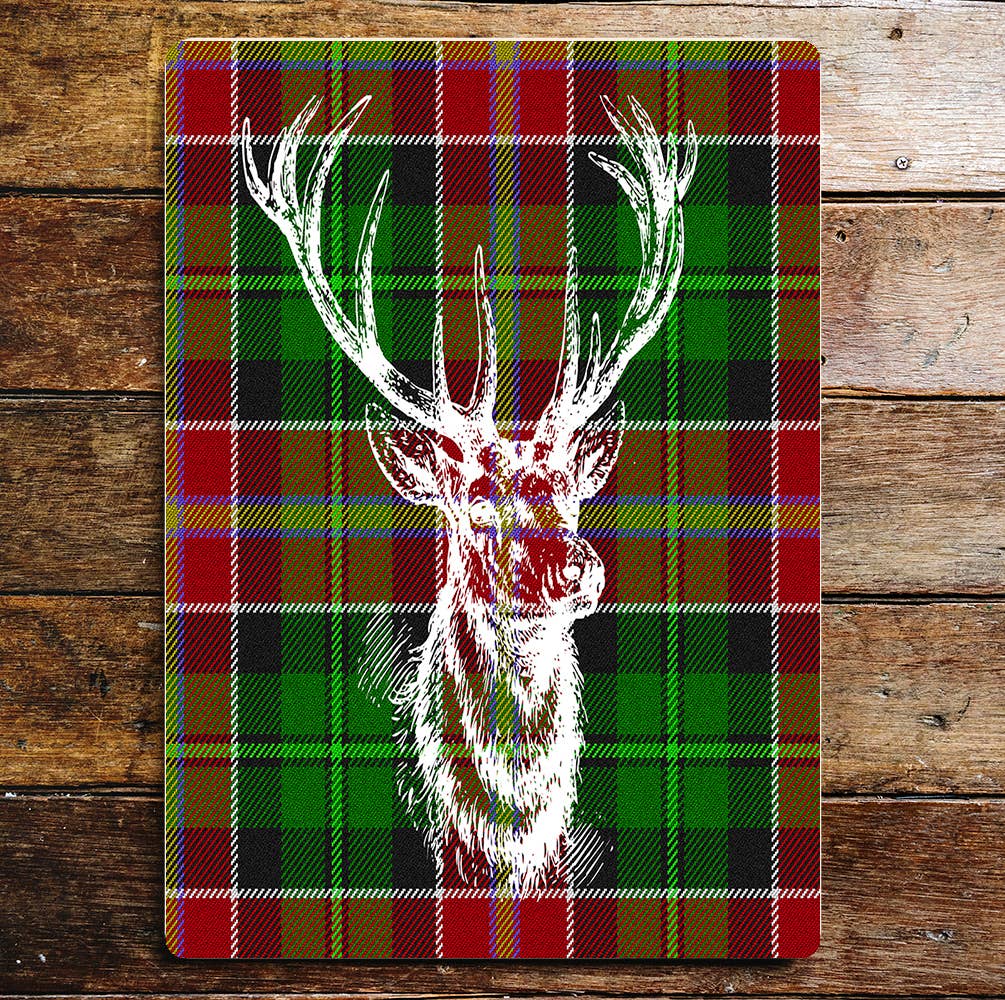Stag Head White Tartan Scottish Metal Wall Sign