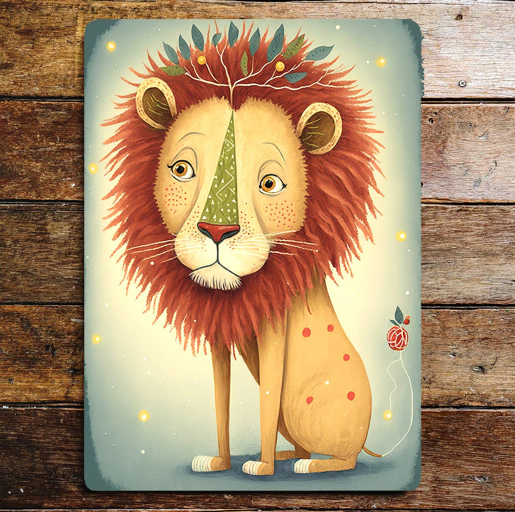 Cute Lion Portrait Mane Spots Leaves | Metal Sign Plaque