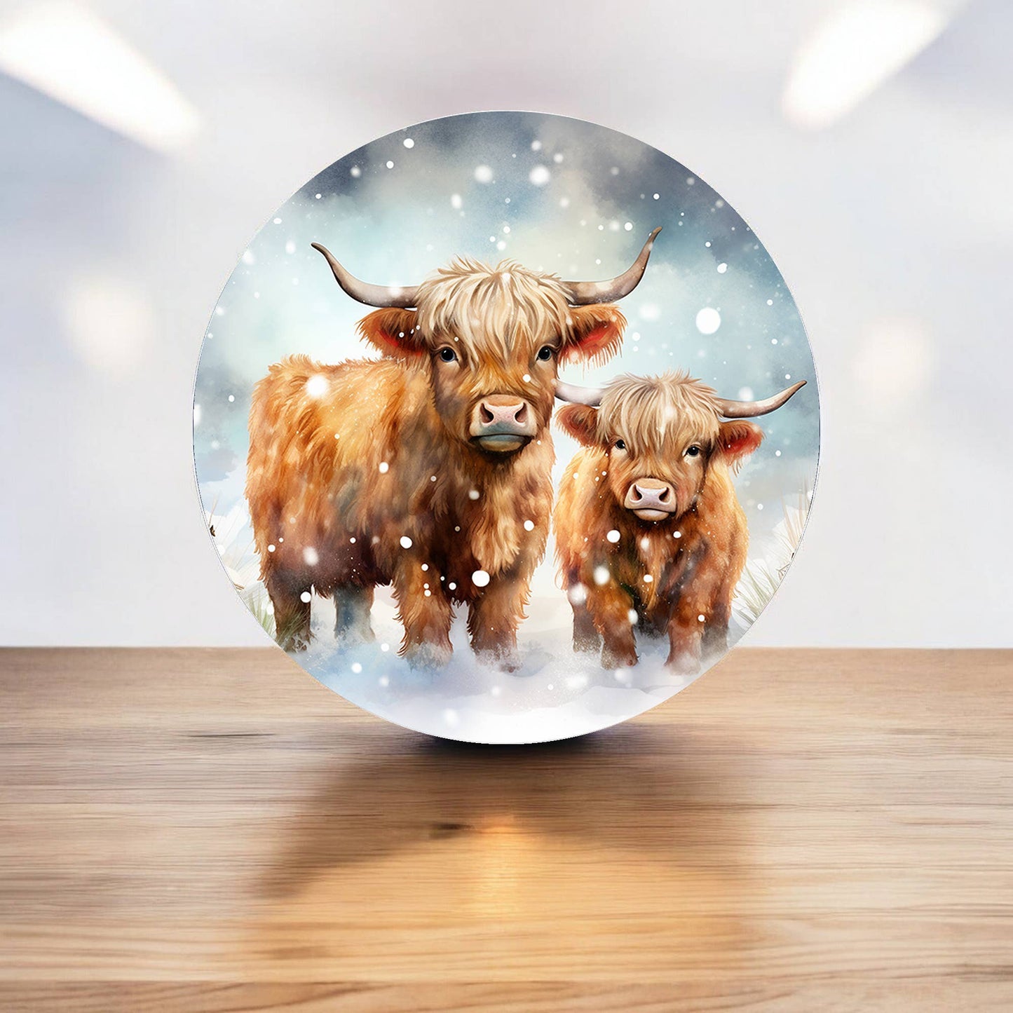 Winter Highland Cows Cattle Snow Circle Metal Sign