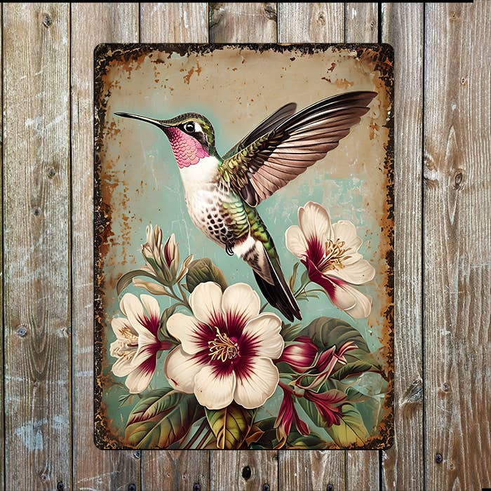 Vintage Floral Ornate Flower Hummingbird | Metal Sign Plaque