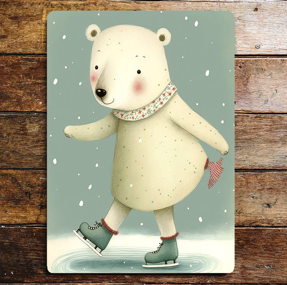 Polar Bear Ice Skating Snow Scarf Green Metal Sign Plaque