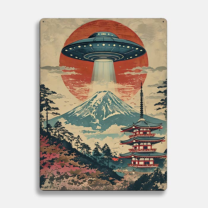 Mount Fuji Dramatic Sunlight UFO Alien | Metal Sign Plaque