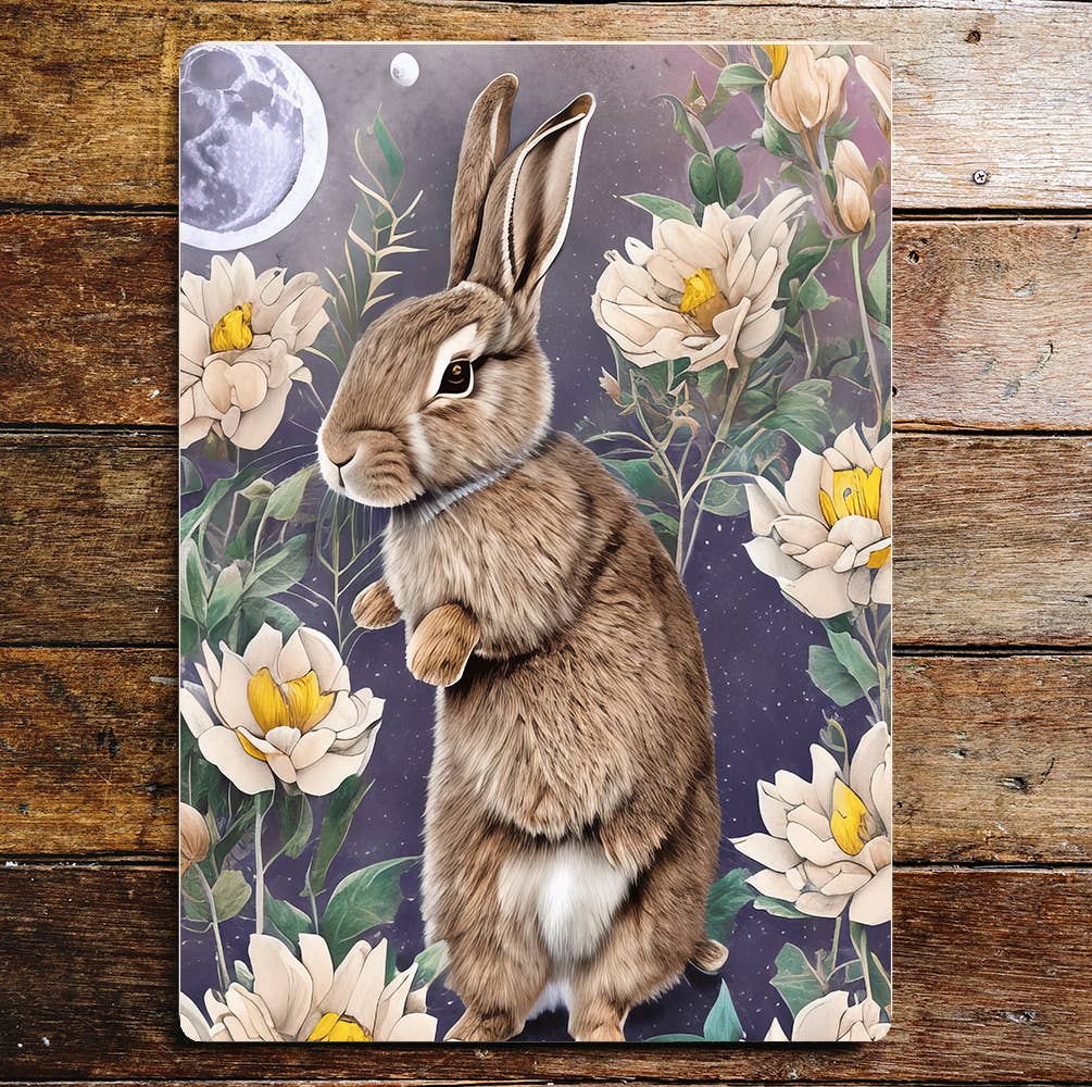 Rabbit Standing In Flowers Night Sky Metal Sign Plaque