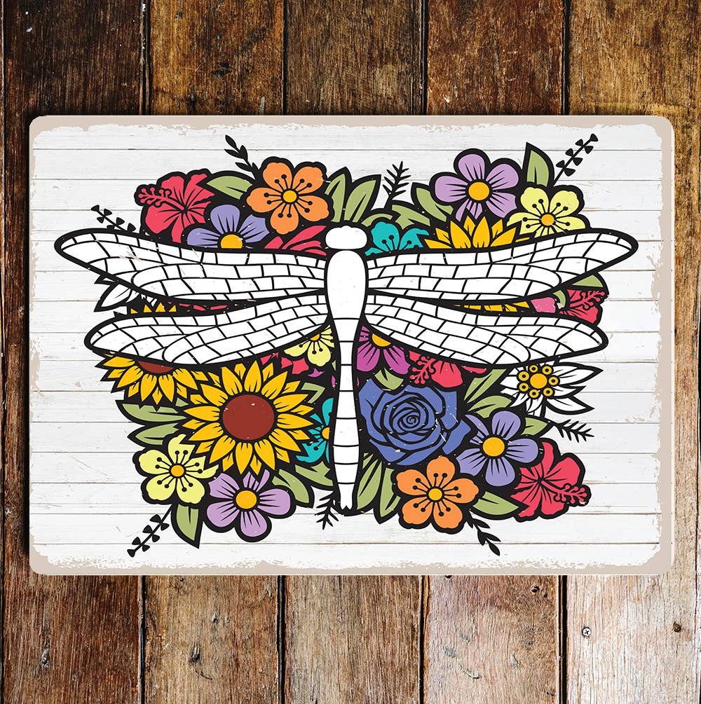 Dragon Fly Multi Coloured Flowers | Metal Sign plaque