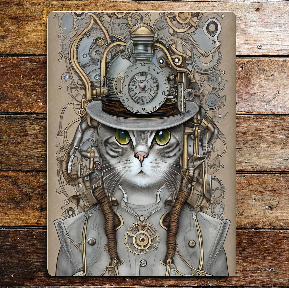 Steampunk cats green eyes Metal Sign plaque