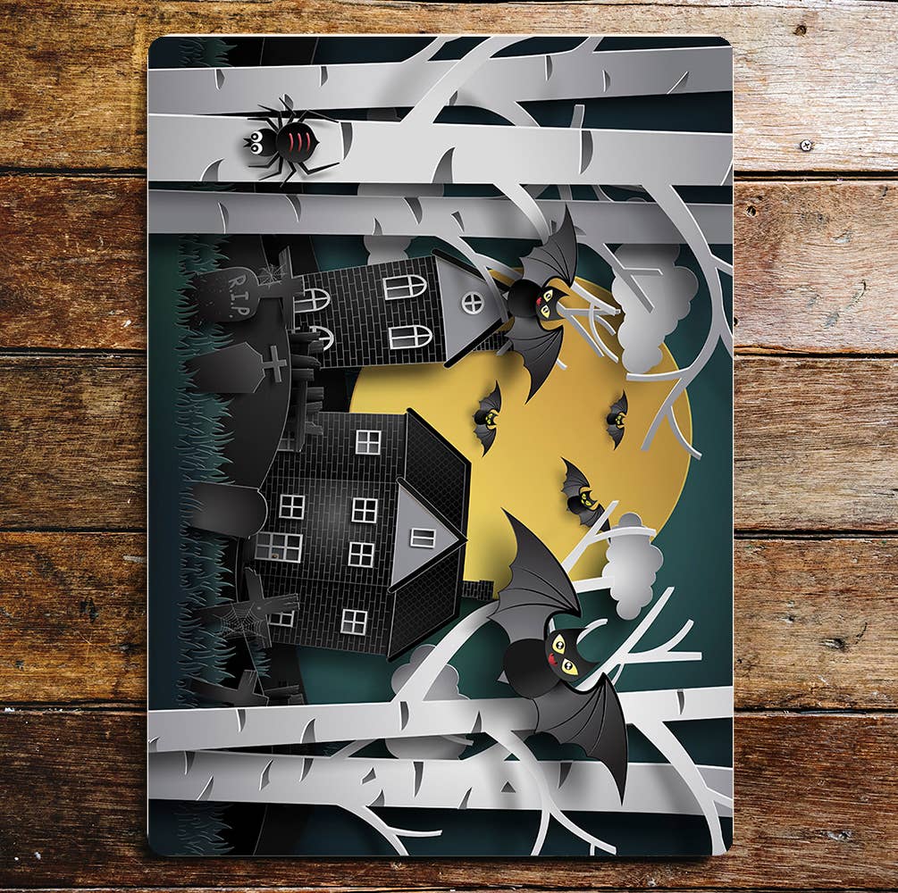 Houses Under Large Yellow Moon Bats | Metal Sign Plaque