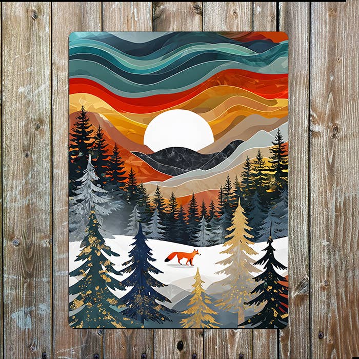 Abstract Landscape Art Forest Mountains Metal Sign Plaque