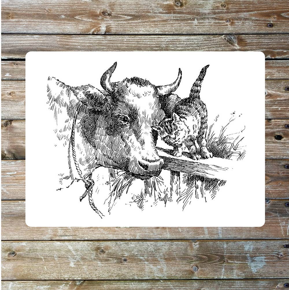 Vintage farmhouse cow and cat art | Metal Sign Plaque
