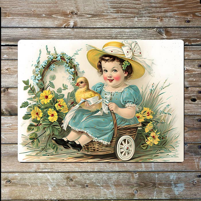 Vintage Easter Girl Backet Chick | Metal Sign Plaque