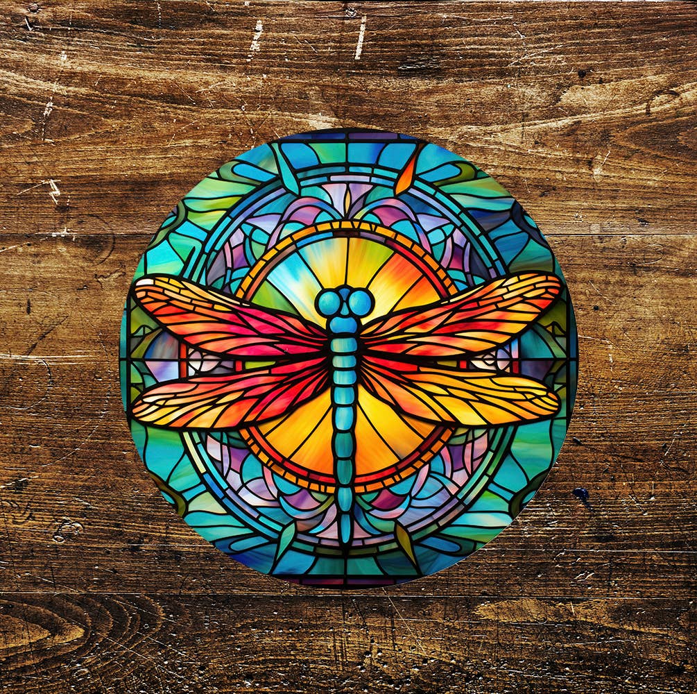 Dragonfly red Stained Glass affect Circle Metal Sign
