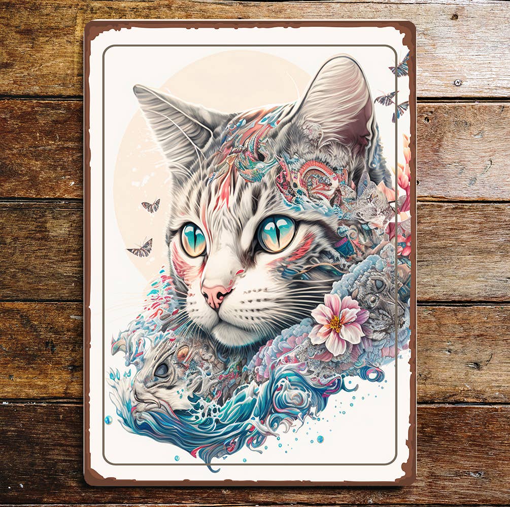 Spiritual Floral Wreath Cat Art Metal Sign Plaque