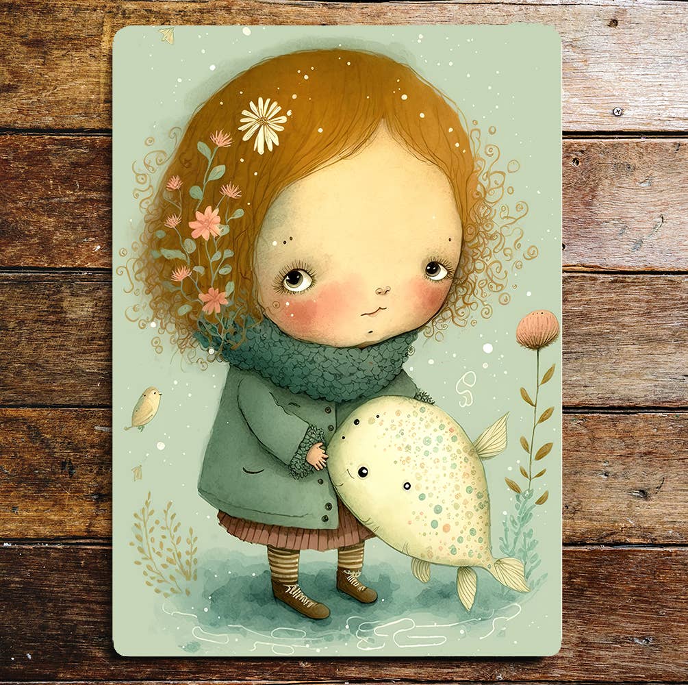 Young Girl Flower Fish Scarf & Green Coat | Metal Sign Plaque