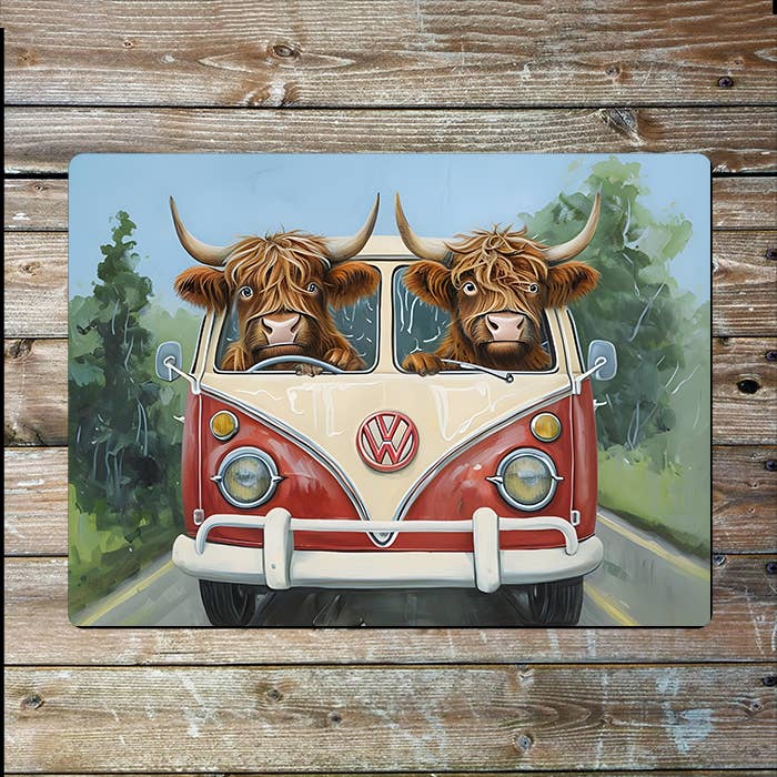 Highland Cow Driving Camper Scotland | Metal Sign Plaque
