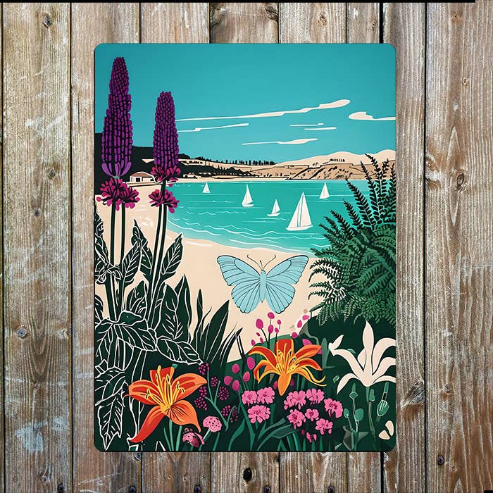 Vibrant Beach Lush Garden Sea Nautical | Metal Sign Plaque
