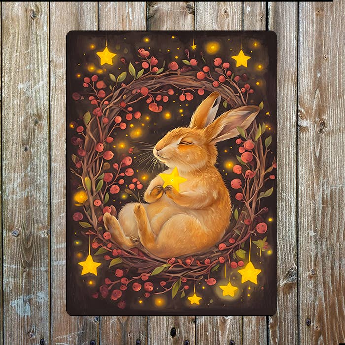 Illustration Of A Hare Nestled In A Wreath | Metal Sign Plaque