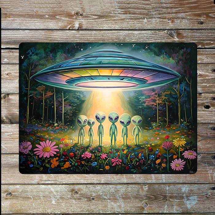 UFO Alien Enchanted Flower Meadow | Metal Sign Plaque