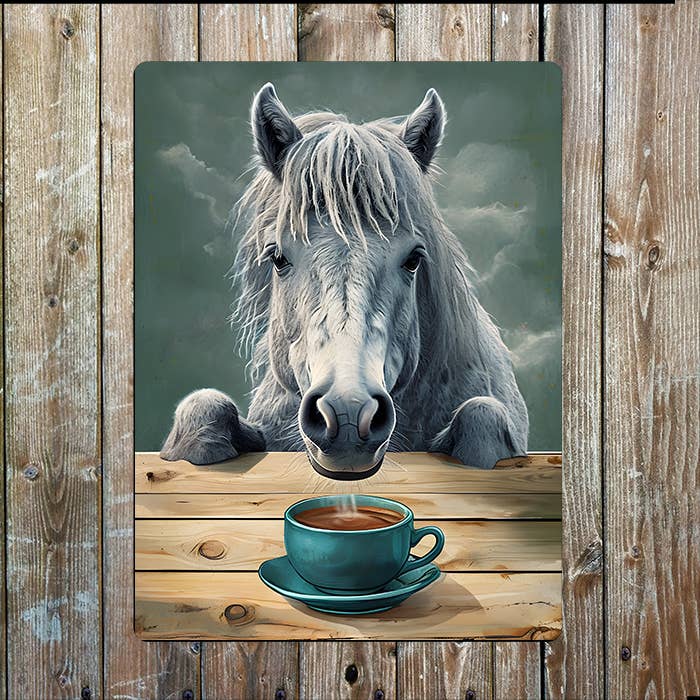 Gray Horse Wooden Table Tea Coffee | Metal Sign Plaque