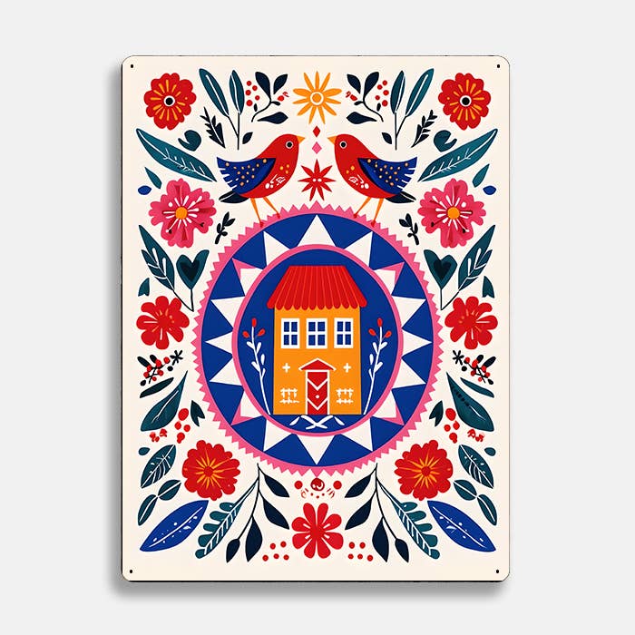 Illustration House Home scandinavian folk | Metal Sign Plaque