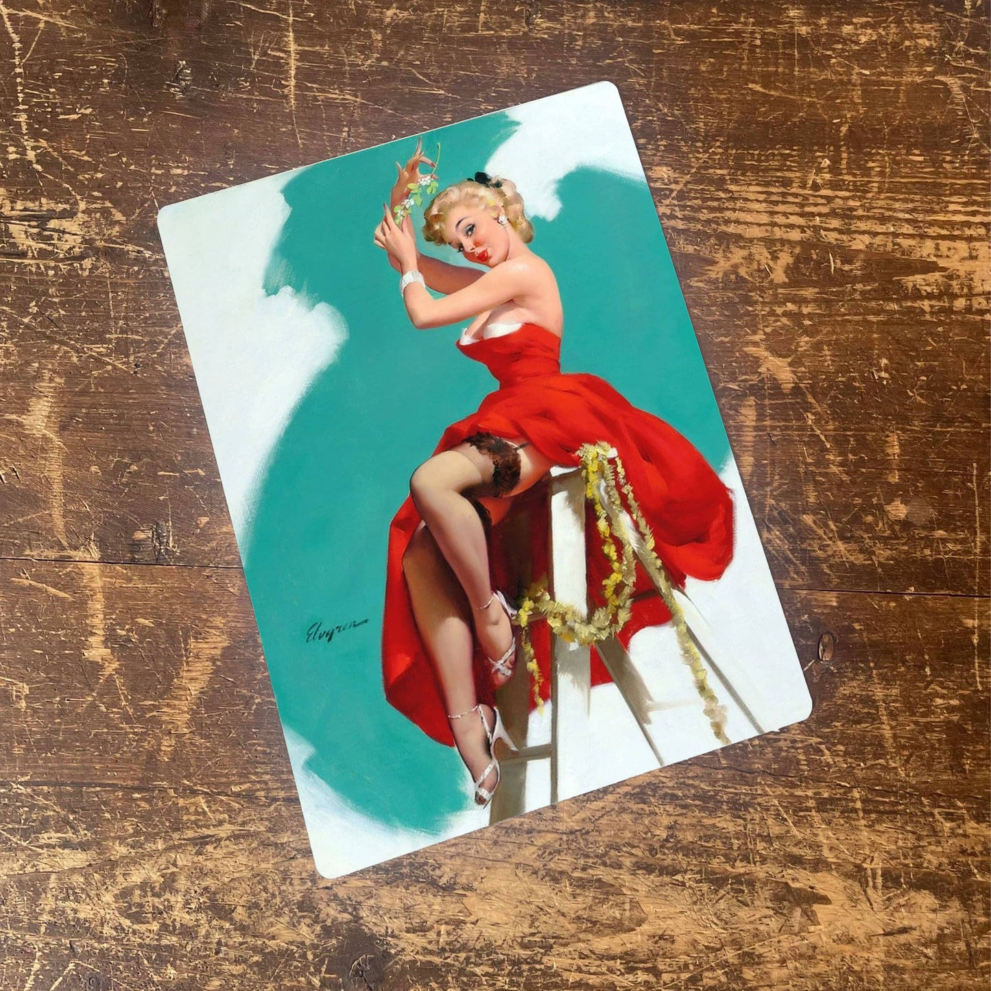 Pin Up Girl Christmas Mistletoe decorating Metal Sign