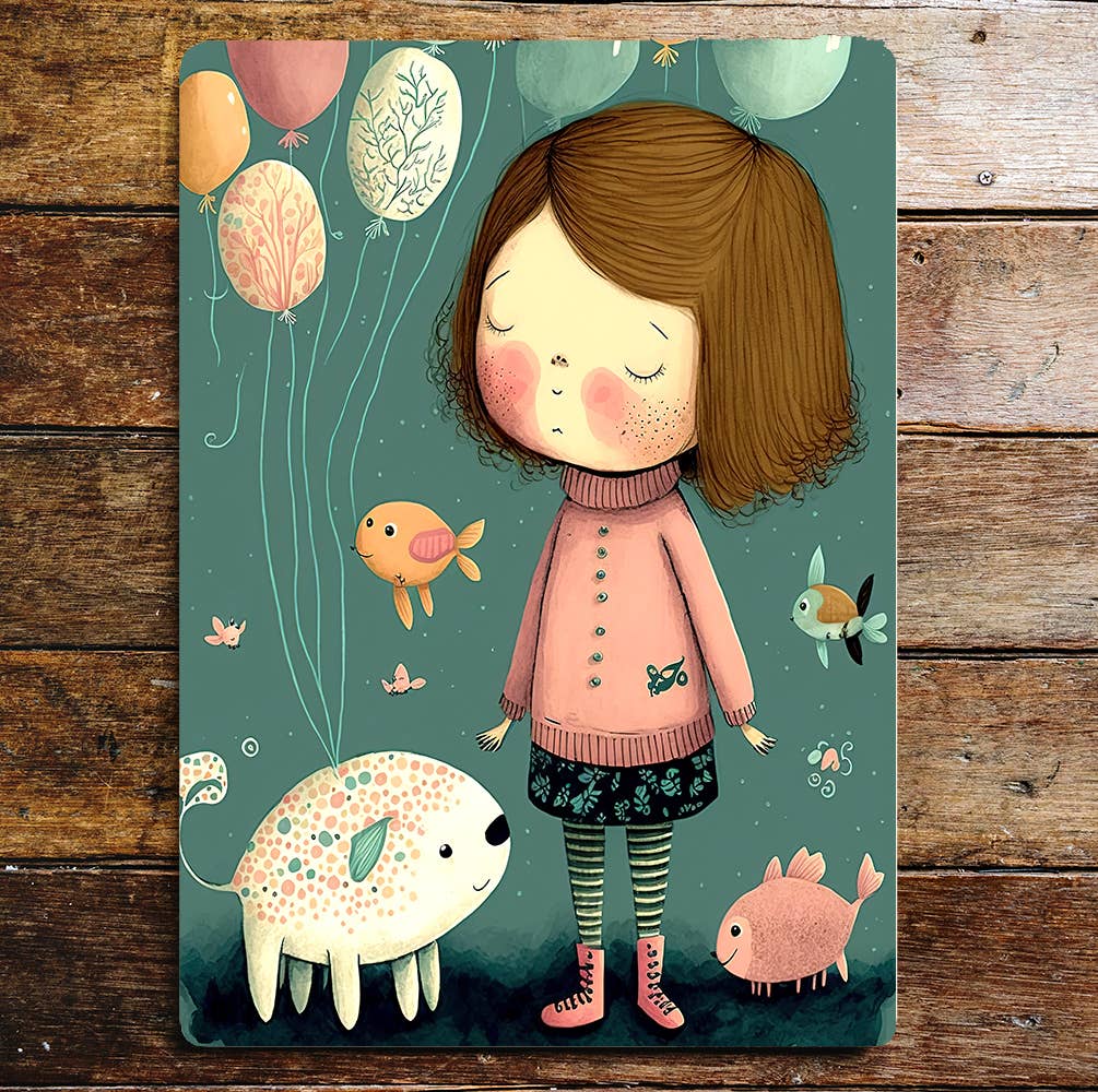 Young Girl Balloons Animals & Pink Jumper | Metal Sign Plaque
