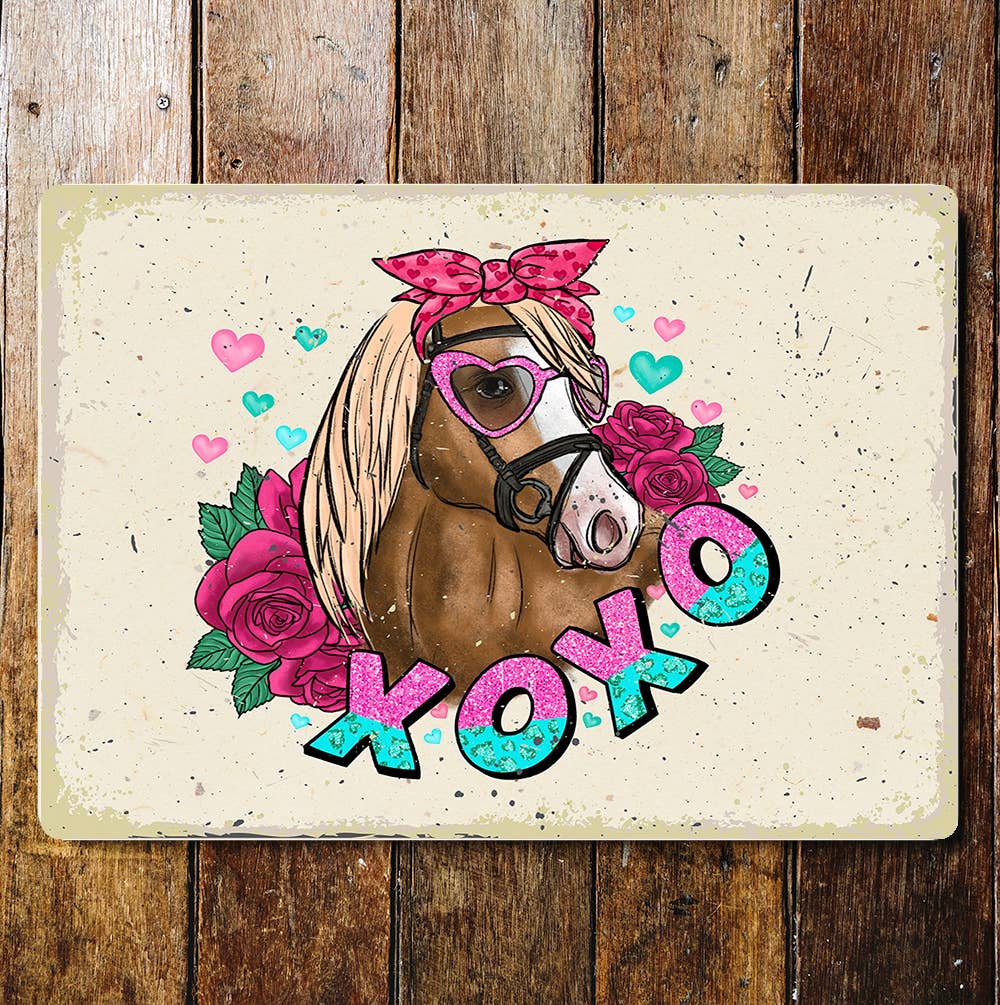 Horse Hearts Flowers Valentine Pink | Metal Sign Plaque